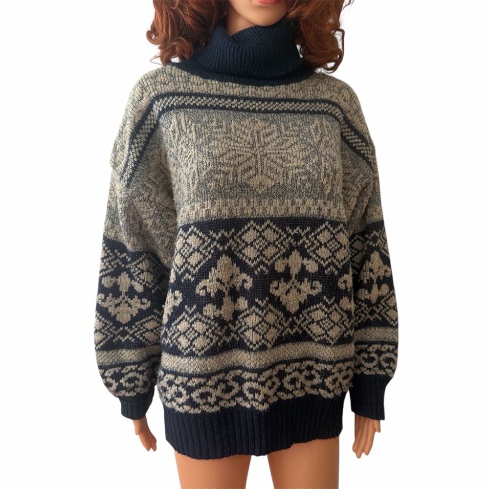 Vintage Limited Express Wool Snowflake Grandpa Turtleneck Sweater Fair Isle Blue